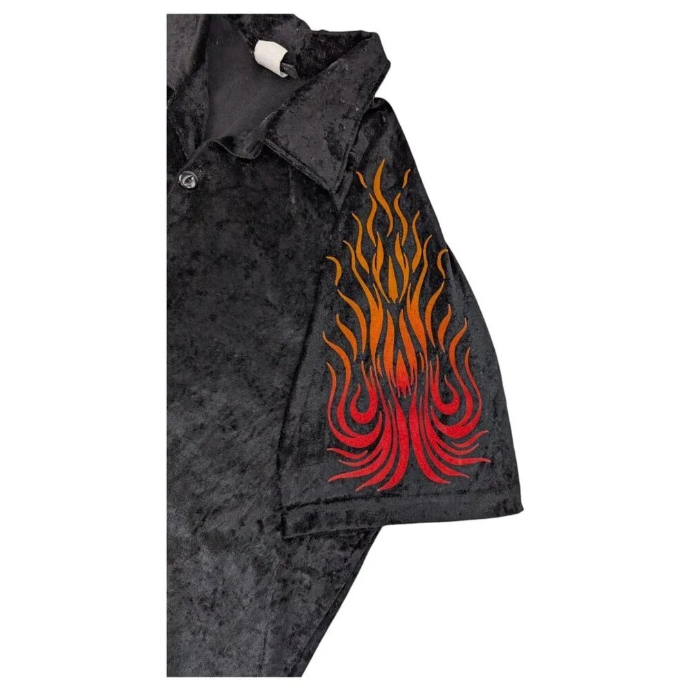 Vintage Y2K Crushed Velvet Button‎ Down Flame Shirt Size Medium